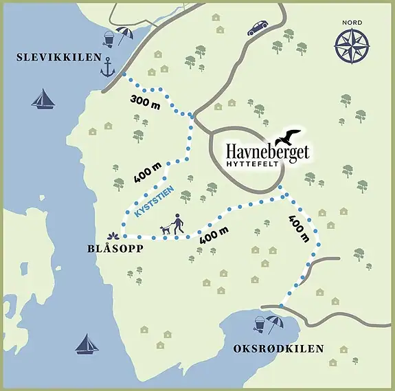 På Havneberget hyttefelt er det kort vei til både Slevikkilen og Oksrødkilen med badestrender