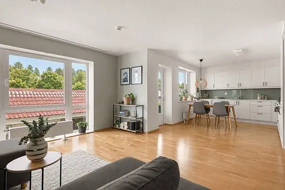 Det er plass sofa, spisebord og tv-møblement. AI-generert