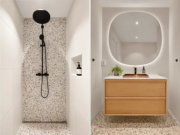 Badet er gjennomført med behagelige fargetoner og moderne detaljer