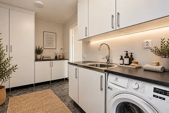Eget innredet vaskerom med god plass til vaskeutstyr i skap (KI redigert inspirasjonsbilde)