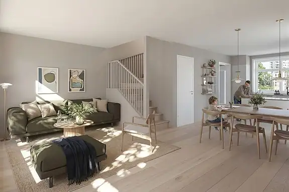 Fine sosiale soner og gode materialvalg. 
Illustrasjon fra en annen bolig på feltet