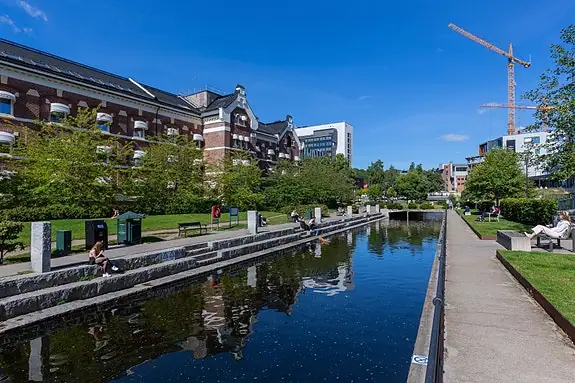 Nydalen badeplass (0,6 km fra boligen) - urban park med kanal, benker og grøntarealer langs vannet
