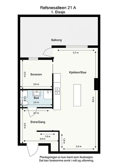 Plantegningen viser en arealeffektiv planløsning med åpen stue-/kjøkkenløsning,
separat soverom og stor balkong.