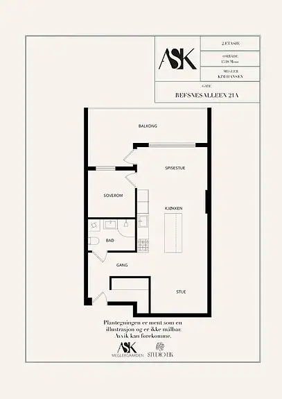 Plantegningen viser en arealeffektiv planløsning med åpen
stue-/kjøkkenløsning, separat soverom og stor balkong.