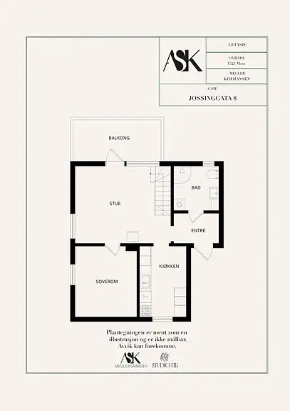 Planløsning for leiligheten i andre etasje, med separat kjøkken, soverom og utgang til veranda fra stuen.