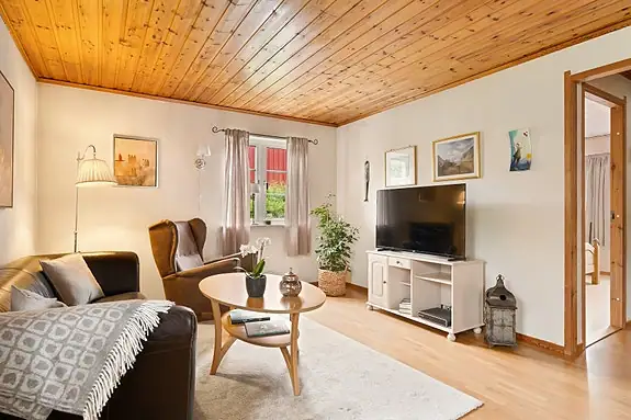 TV-stuen har god plass til sofagruppe og mediemøbler